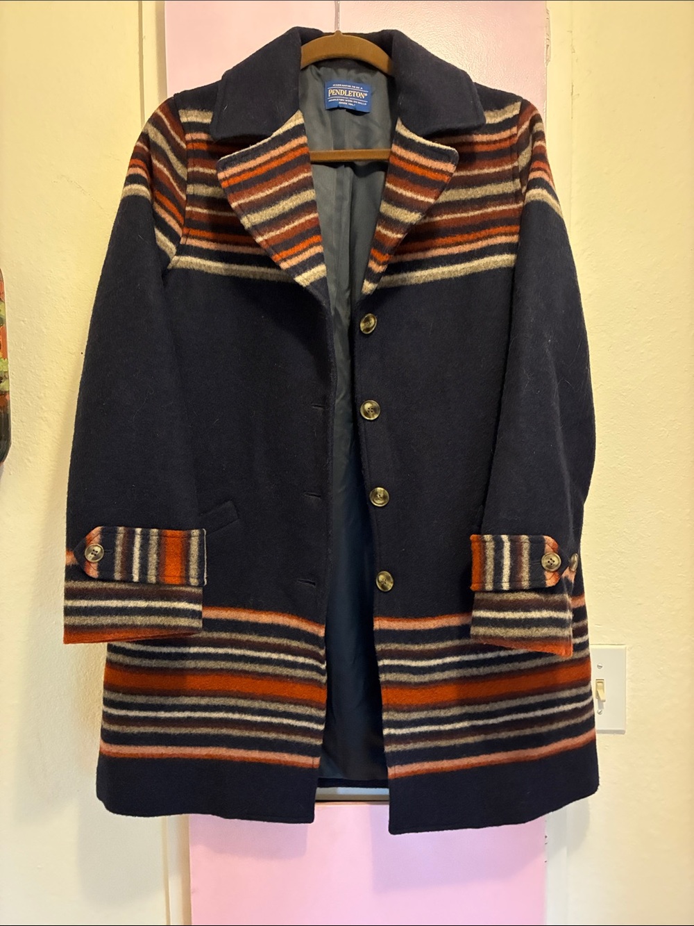 Pendleton Navy Wool Arroyo Coat with Rust and Cream Stripes